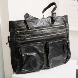 CLUB MONACO Unisex Large Black Soft Leather Zippered Shoulder Laptop Bag Purse